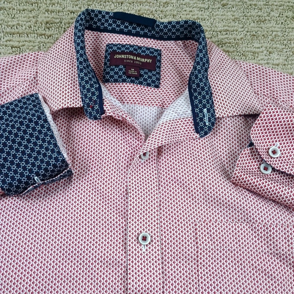 Johnston & Murphy Button Up Mens Medium Red Geometric Micro Print Cotton Shirt